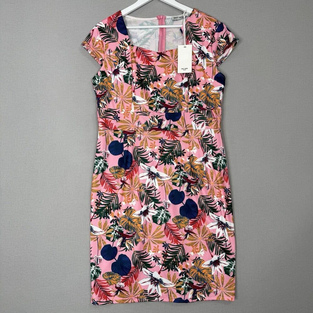 Grace Karen Womens Dress XL Pink Palm Leaf Pencil Jersey Knit Tropical Retro